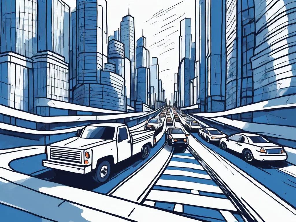 How to Handle Towing Through Busy City Streets 2 A tow truck navigating through a labyrinth of tall buildings