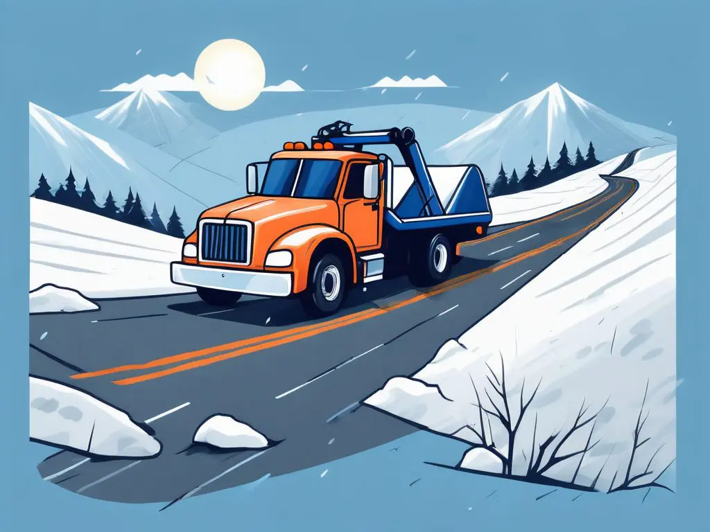 Seasonal Considerations in Long Distance Towing: A Guide for Every Weather 2 A tow truck on a long road with various weather conditions shown along its path