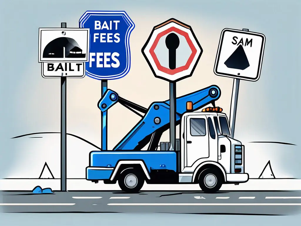 How to Avoid Common Scams in Long Distance Towing Services 2 A tow truck on a long road with various scam signs like hidden fees