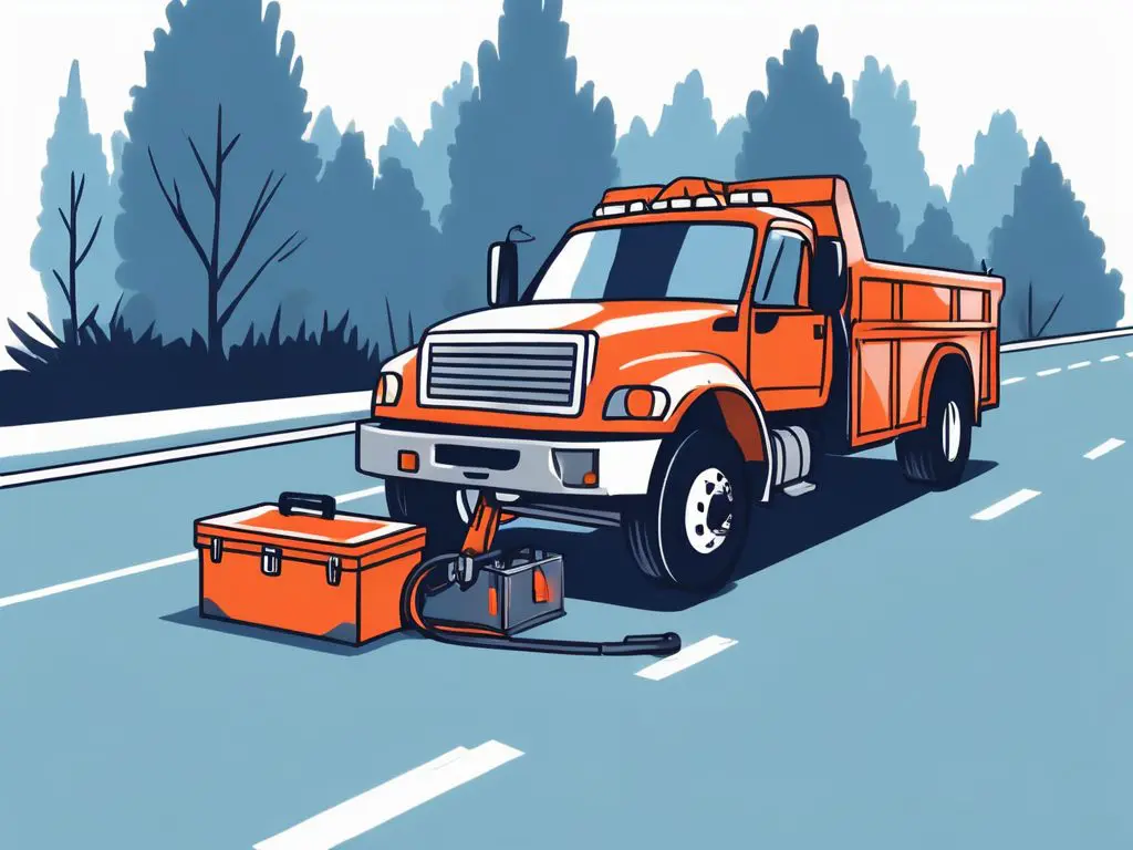 What to Do If Your Tow Truck Driver Encounters a Problem 2 A tow truck on the side of a road with a flat tire and a toolbox nearby