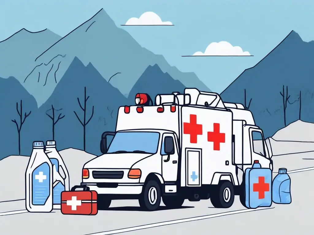 What to Pack for a Long Distance Tow: Essentials Checklist 2 A tow truck with various essential items like a first-aid kit