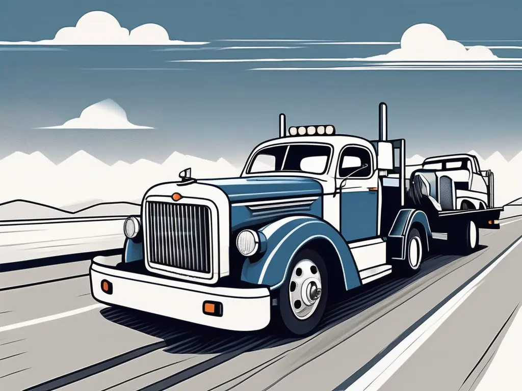 The History of Long Distance Towing 2 A vintage tow truck on an open road with a modern tow truck in the distance