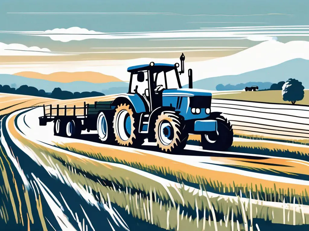 Long Distance Towing for Agricultural Equipment 2 A tractor being towed on a flatbed truck across a vast rural landscape with fields and farm equipment in the background