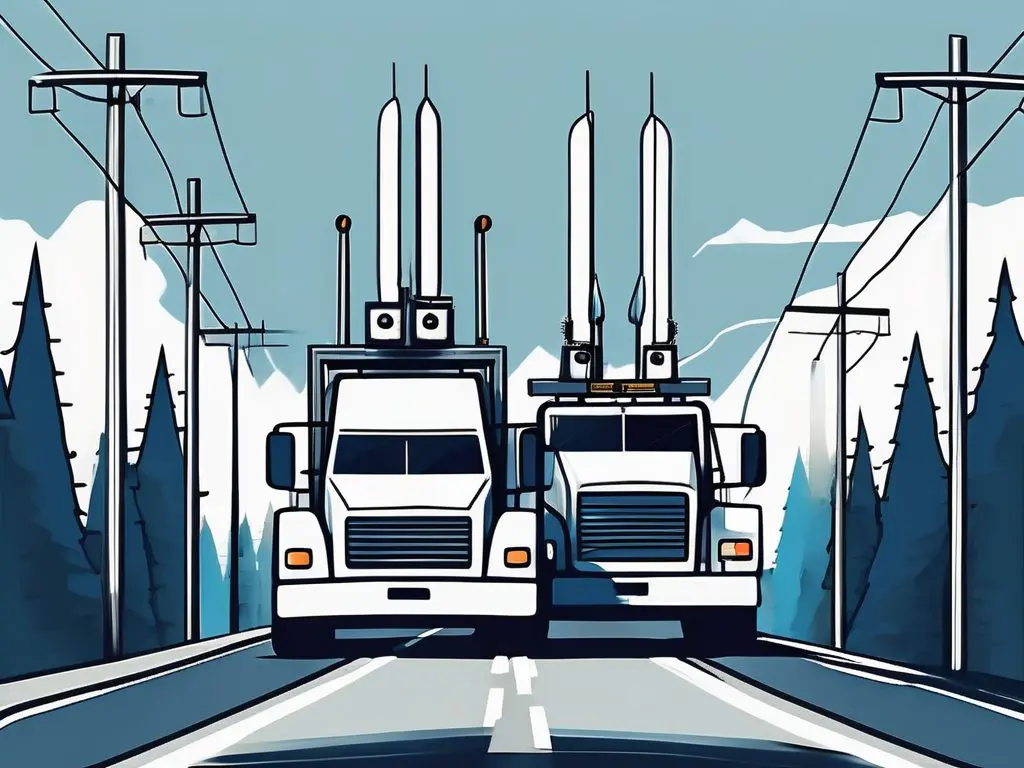 How to Maintain Communication During Long Distance Towing 2 A tow truck on a long road with signal towers along the way