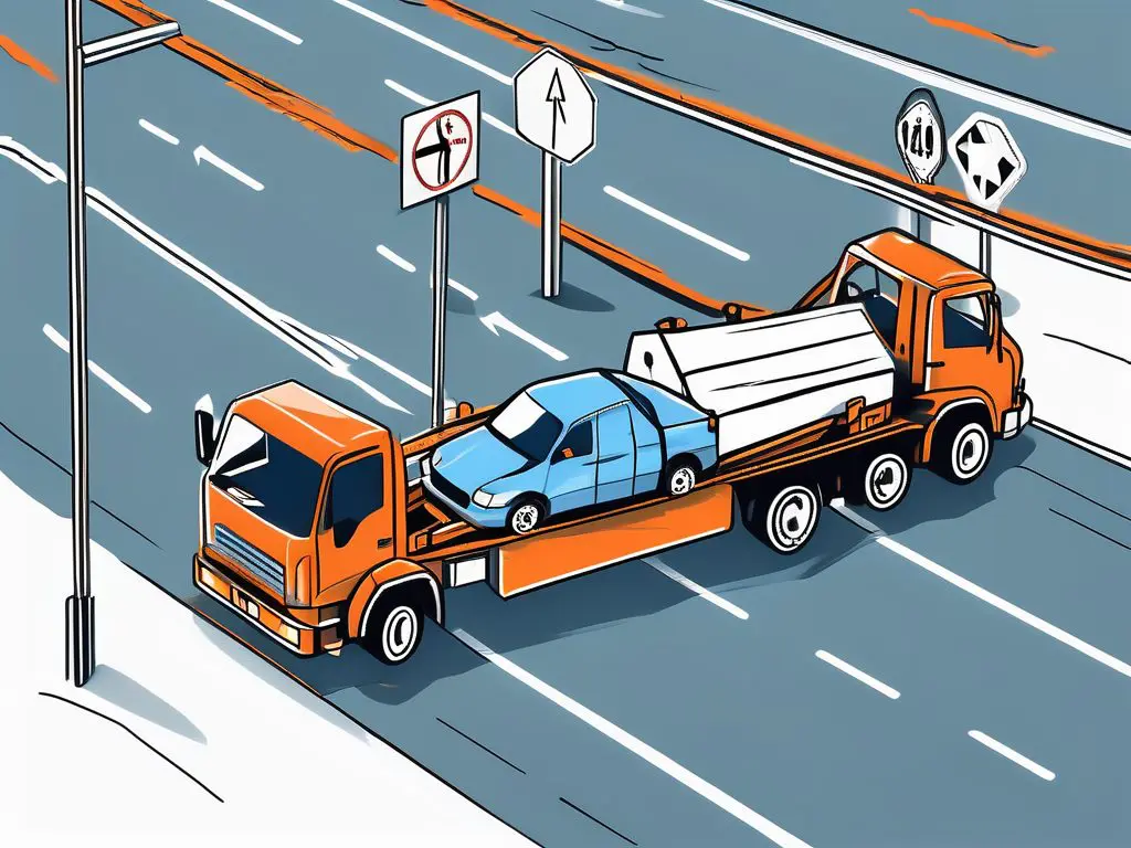 Top Mistakes to Avoid in Long Distance Towing 2 A tow truck on a long road with different road signs symbolizing common mistakes in long distance towing