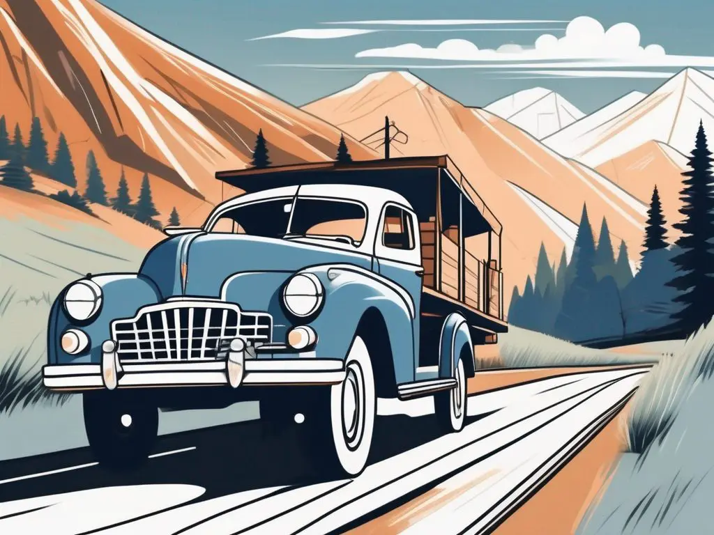 Long Distance Towing for Classic Cars 2 A vintage classic car being towed on a flatbed truck across a scenic landscape