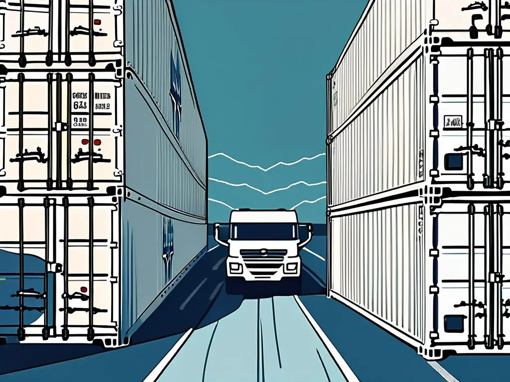 Road Trip vs. Shipping: Deciding the Best Way to Move Your Car 2 A split scene depicting a scenic road with a car driving along one side and a large shipping container ship on the other