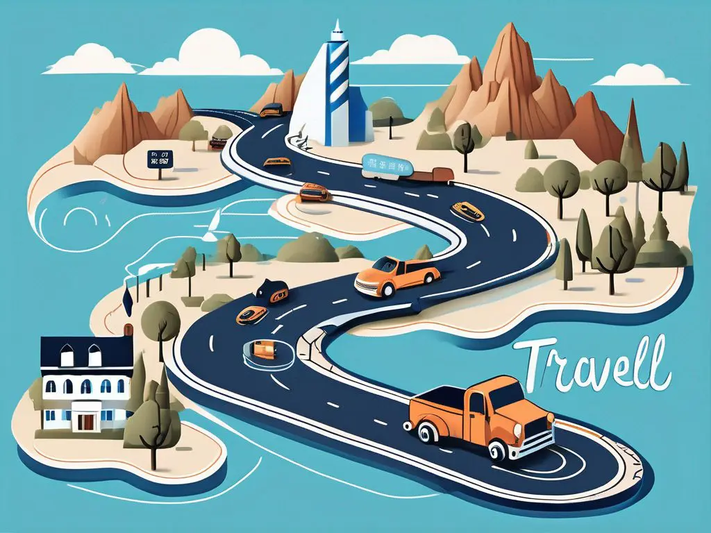 How to schedule long-distance towing around your travel plans 2 A stylized map featuring a winding road with various travel landmarks