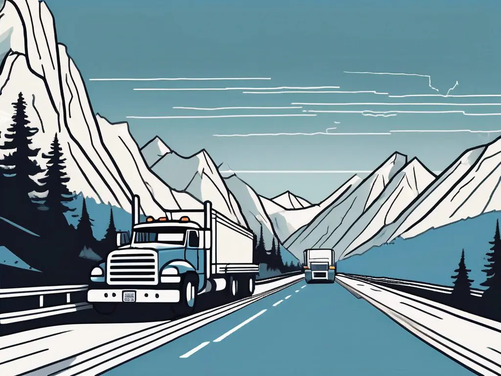 How to safely tow a vehicle across state lines 2 A detailed scene depicting a vehicle being towed by a truck across a scenic state line