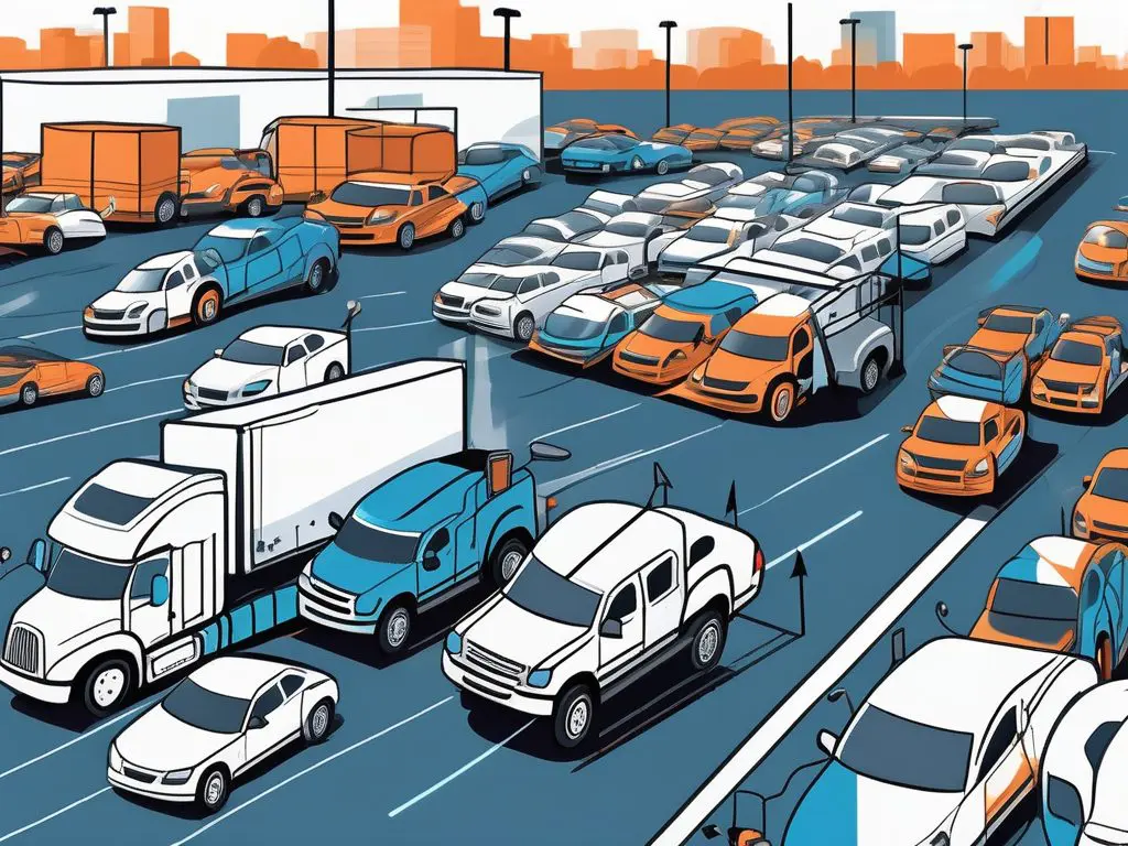 How Auto Auctions Use Long-Distance Towing for Vehicle Relocation 2 A vibrant auto auction scene featuring a variety of vehicles being loaded onto a long-distance tow truck