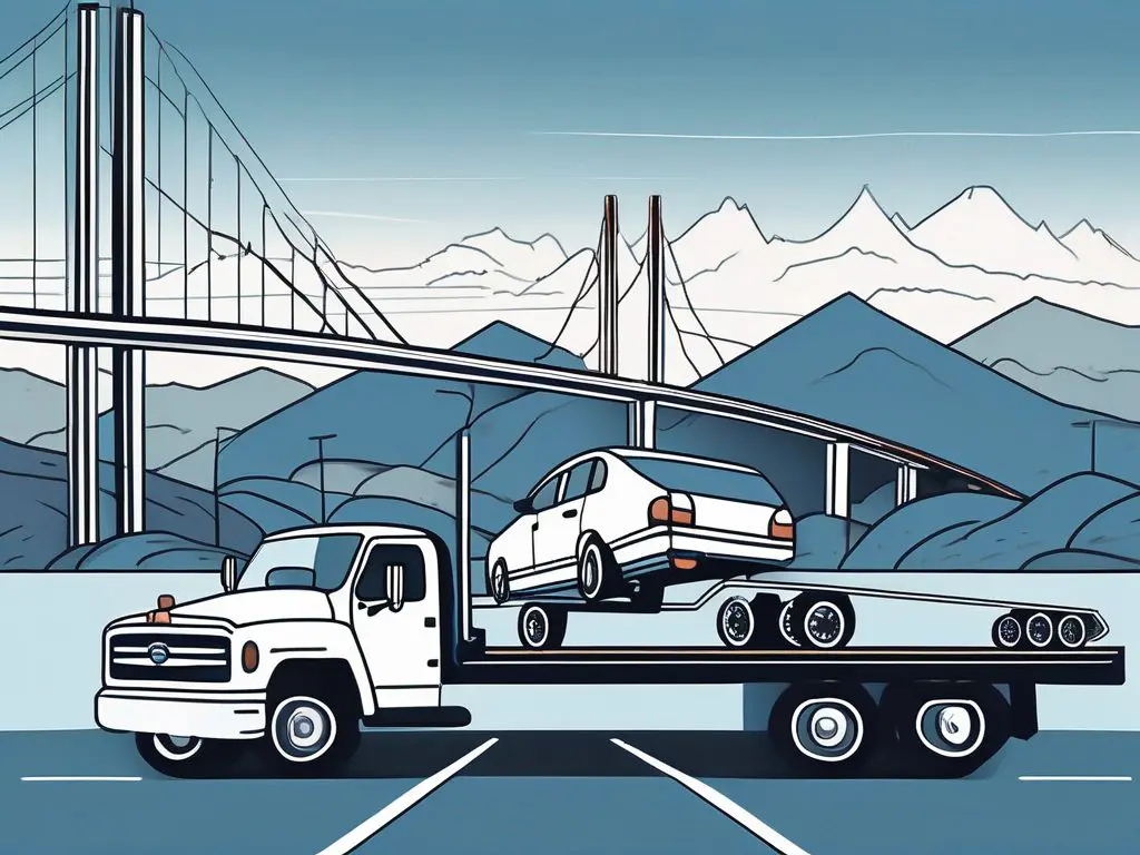 Moving to Another State? Here’s How to Ship Your Car 2 A car being loaded onto a transport truck with a scenic backdrop of a highway and various state landmarks in the distance