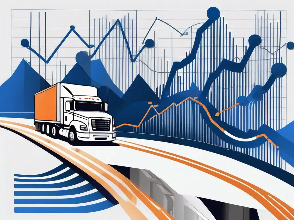 How Fuel Prices Impact Auto Transport Costs 2 An auto transport truck driving along a winding road with a backdrop of fluctuating fuel price signs and a graph showing rising and falling trends