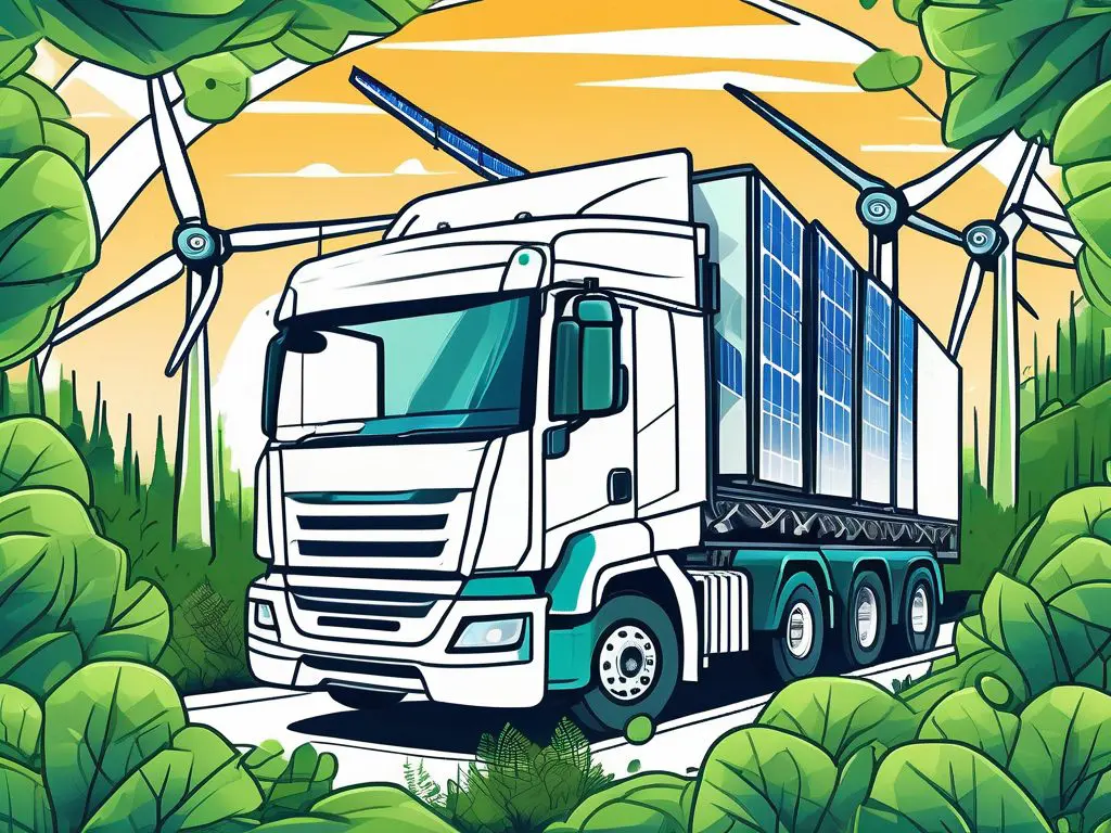 The Environmental Benefits of Auto Transport Services 2 An eco-friendly auto transport truck surrounded by lush greenery and clean energy elements