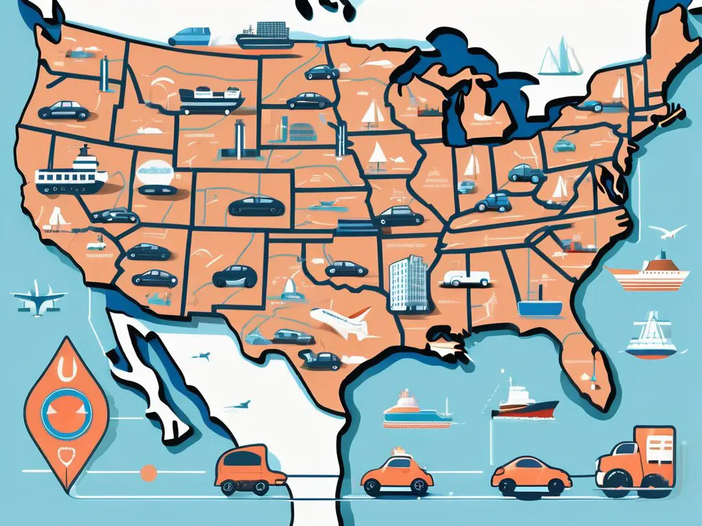 Top Car Shipping Routes in the United States 2 A stylized map of the united states highlighting major car shipping routes with colorful lines and icons representing different types of vehicles along the paths