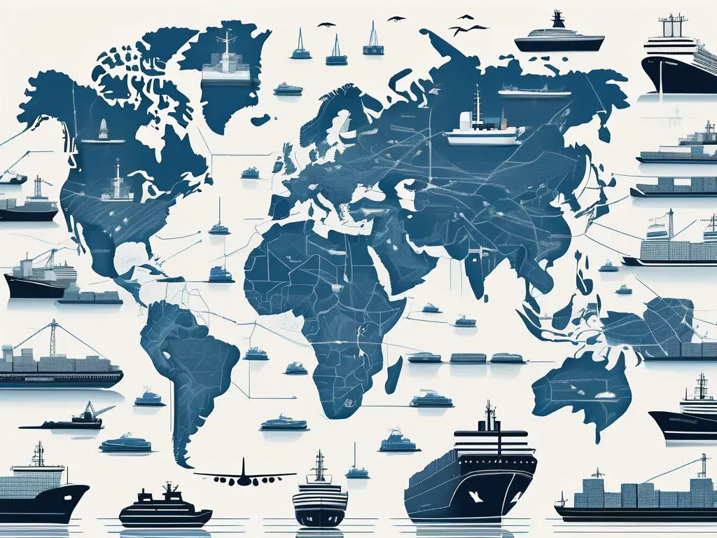 Everything You Need to Know About International Car Shipping 2 An intricate world map featuring various modes of transportation