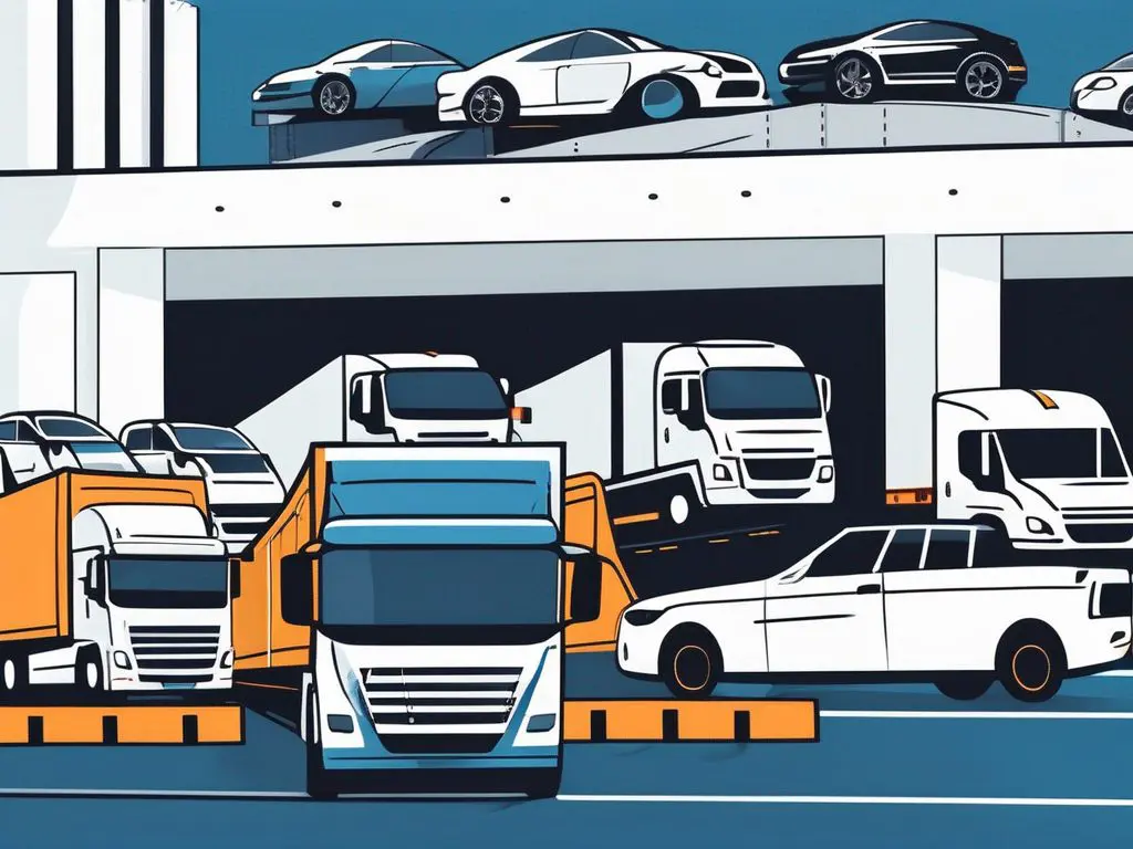 The Role of Brokers in the Auto Transport Industry 2 An auto transport scene featuring a variety of vehicles being loaded onto a transport truck