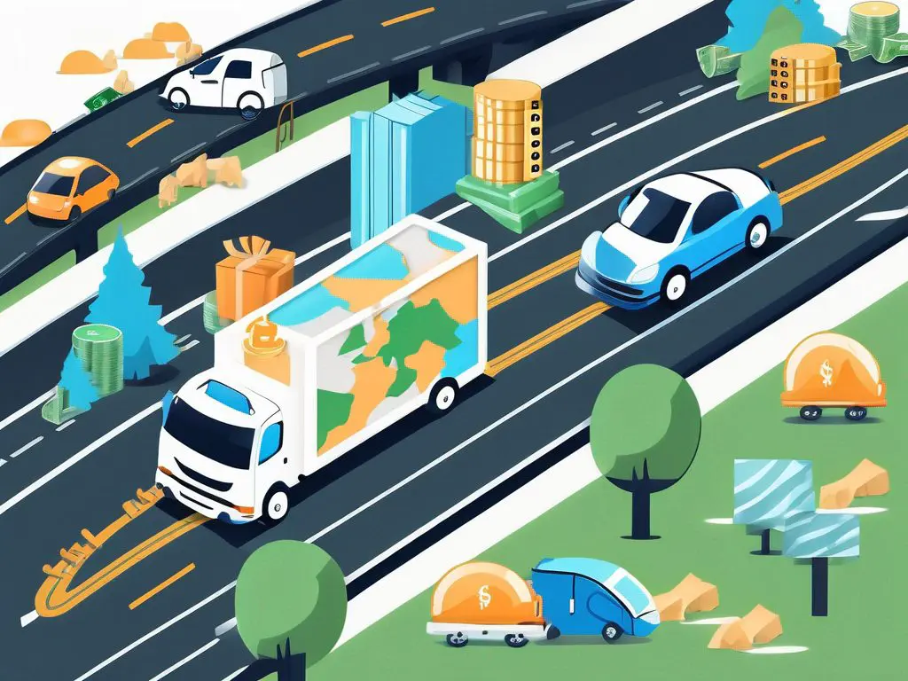 How to Save Money on Car Shipping Costs 2 A stylized car on a transport truck surrounded by various money-saving icons like a piggy bank