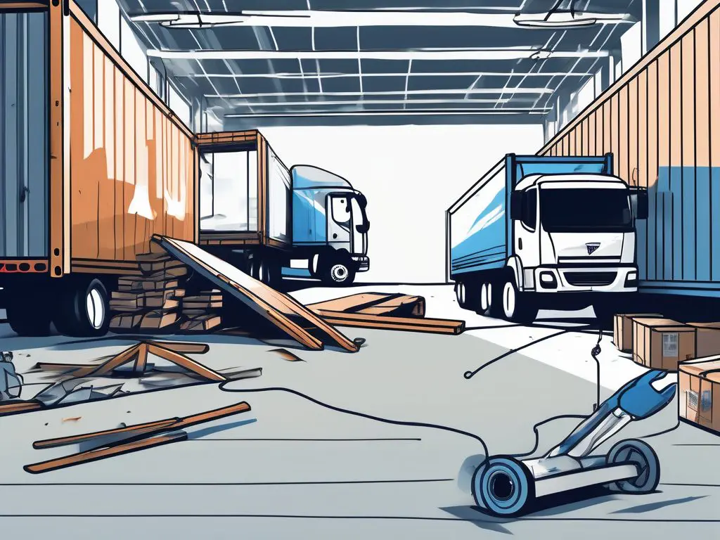 What to Do if Your Vehicle Is Damaged During Shipping 2 A damaged vehicle on a shipping truck surrounded by tools and paperwork