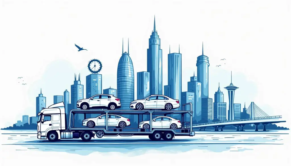 Top Tips for Car Shipping in Dallas, Texas 2 An aerial view of a bustling dallas skyline with a car carrier truck loaded with vehicles in the foreground