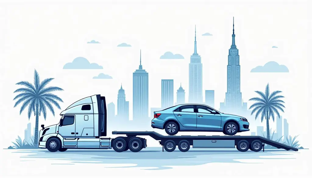 Understanding the Cost of Shipping a Car from Florida to New York 2 A car being loaded onto a transport truck with a scenic backdrop featuring iconic landmarks from both florida and new york