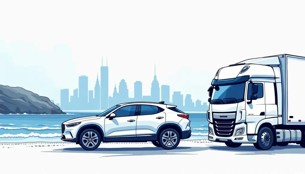 How to Choose Car Transport from California to New York 2 A sleek car being loaded onto a transport truck with a scenic backdrop showcasing the california coast transitioning into the skyline of new york city