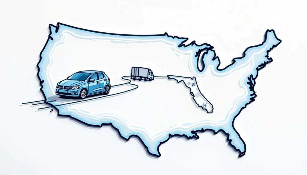 Shipping Car From Florida to California: A Complete Guide 2 An outlined map of the united states highlighting the route from florida to california