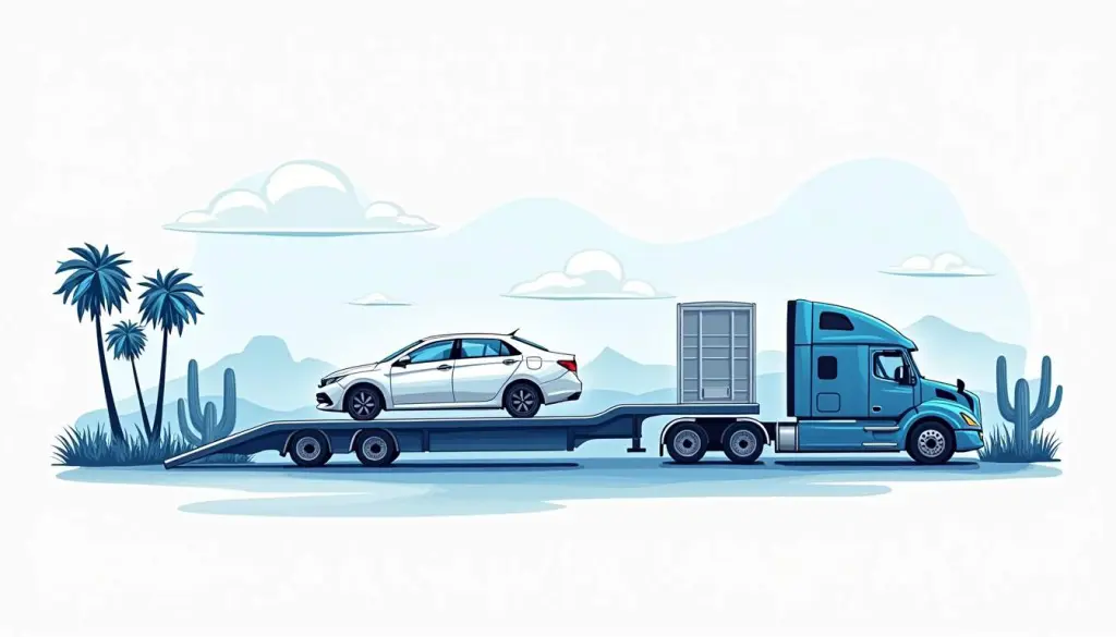 How to Ship a Car from California to Texas: A Complete Guide 2 A car being loaded onto a transport truck with a scenic backdrop featuring california and texas landmarks